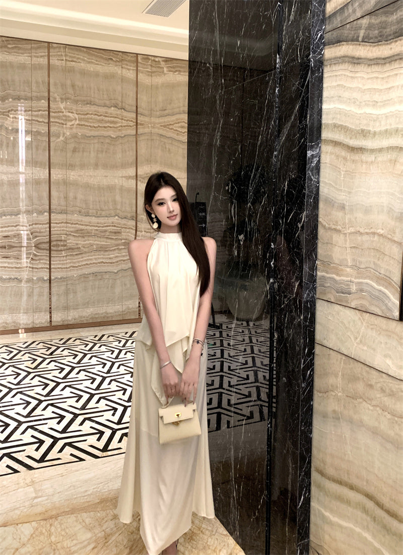 Elegant Beige Sleeveless High-Neck Satin 2-Piece Set Maxi Dress With Belt French-Inspired Asymmetric Draped Details Long Dress AP2043