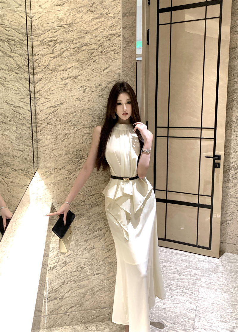 Elegant Beige Sleeveless High-Neck Satin 2-Piece Set Maxi Dress With Belt French-Inspired Asymmetric Draped Details Long Dress AP2043