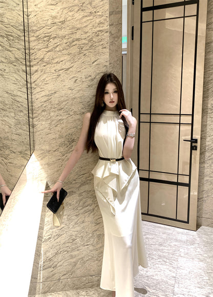 Elegant Beige Sleeveless High-Neck Satin 2-Piece Set Maxi Dress With Belt French-Inspired Asymmetric Draped Details Long Dress AP2043