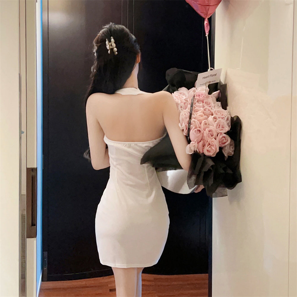 Glamorous White Metal Buttons Side Slit Mini Skirt Classical Sweetheart Neckline Party Nights Halter Short Dress AP2044