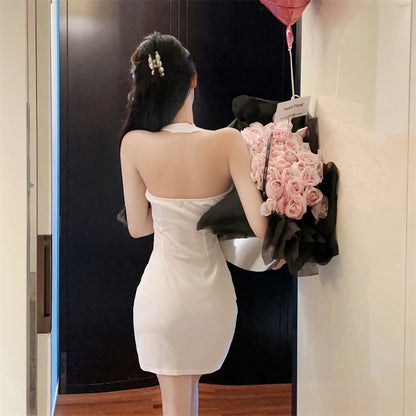 Glamorous White Metal Buttons Side Slit Mini Skirt Classical Sweetheart Neckline Party Nights Halter Short Dress AP2044