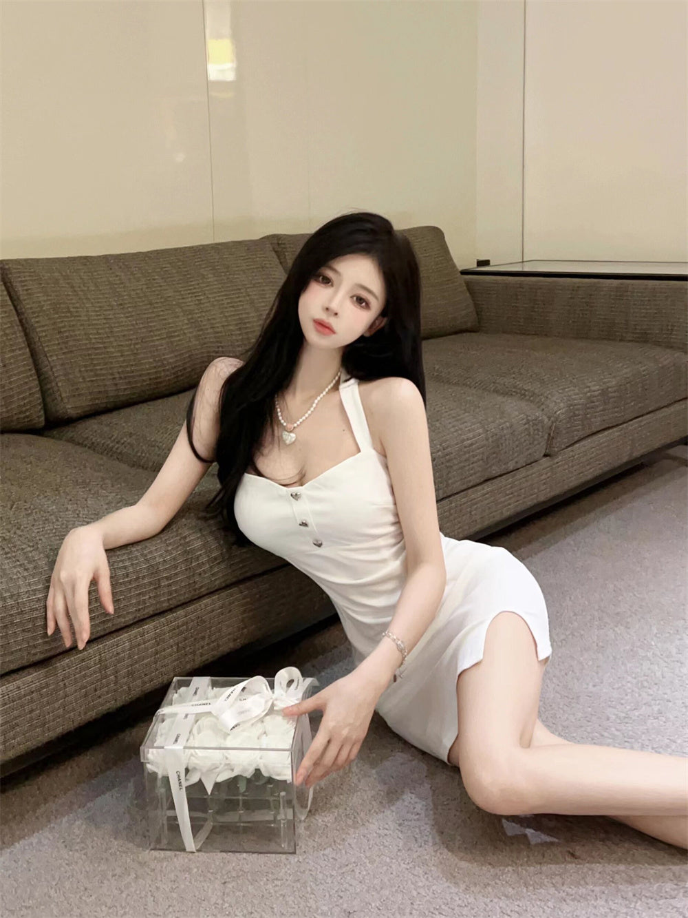 Glamorous White Metal Buttons Side Slit Mini Skirt Classical Sweetheart Neckline Party Nights Halter Short Dress AP2044