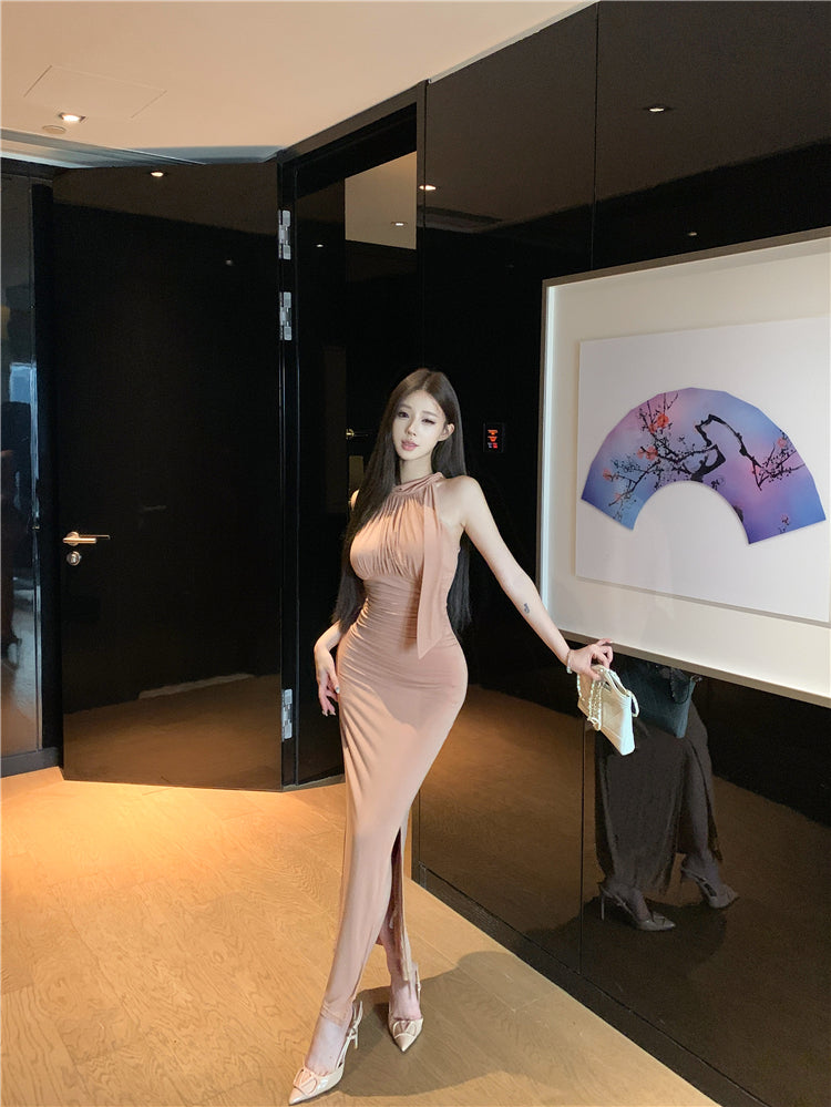 French Style Figure-Hugging Nude Pink Maxi Dress Charming Ruched Detail Side Slit Evening Events Long Dress AP2045
