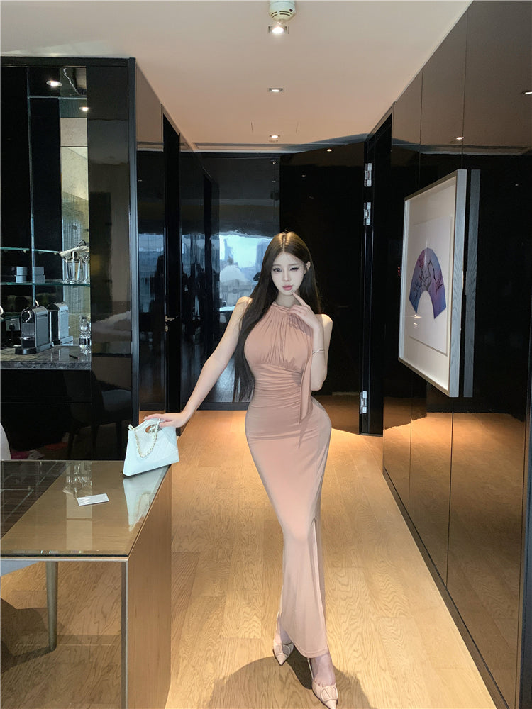French Style Figure-Hugging Nude Pink Maxi Dress Charming Ruched Detail Side Slit Evening Events Long Dress AP2045