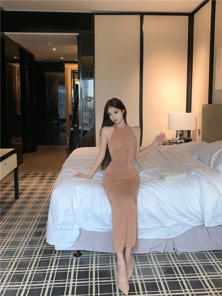 French Style Figure-Hugging Nude Pink Maxi Dress Charming Ruched Detail Side Slit Evening Events Long Dress AP2045