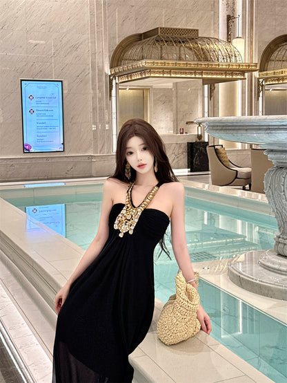 Glamorous Black Tulle Overlay A-Line Maxi Dress Exquisite Glittering Rhinestone Accent Halter Long Dress AP2046