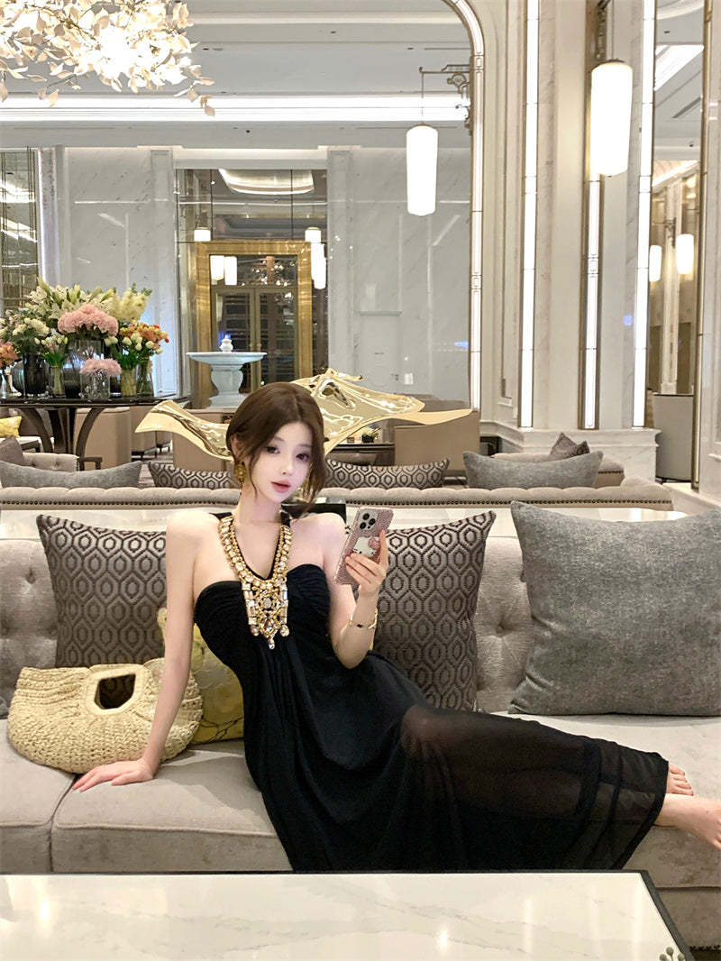 Glamorous Black Tulle Overlay A-Line Maxi Dress Exquisite Glittering Rhinestone Accent Halter Long Dress AP2046