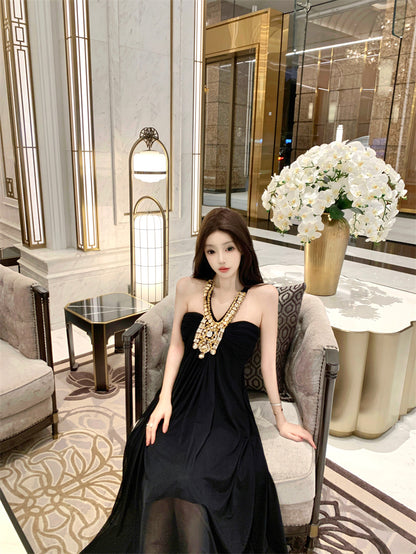 Glamorous Black Tulle Overlay A-Line Maxi Dress Exquisite Glittering Rhinestone Accent Halter Long Dress AP2046