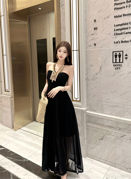 Glamorous Black Tulle Overlay A-Line Maxi Dress Exquisite Glittering Rhinestone Accent Halter Long Dress AP2046