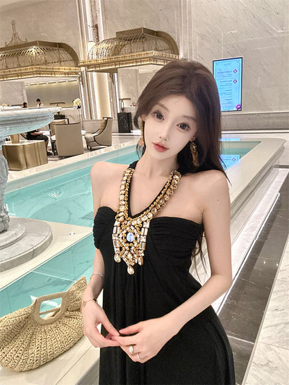 Glamorous Black Tulle Overlay A-Line Maxi Dress Exquisite Glittering Rhinestone Accent Halter Long Dress AP2046