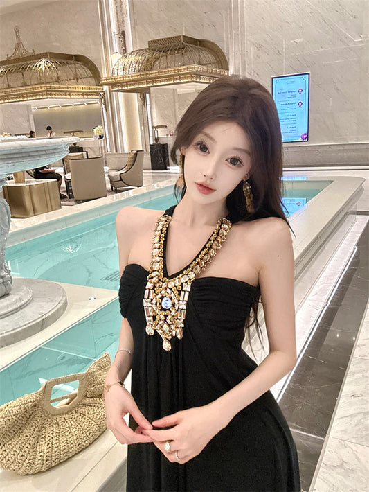 Glamorous Black Tulle Overlay A-Line Maxi Dress Exquisite Glittering Rhinestone Accent Halter Long Dress AP2046