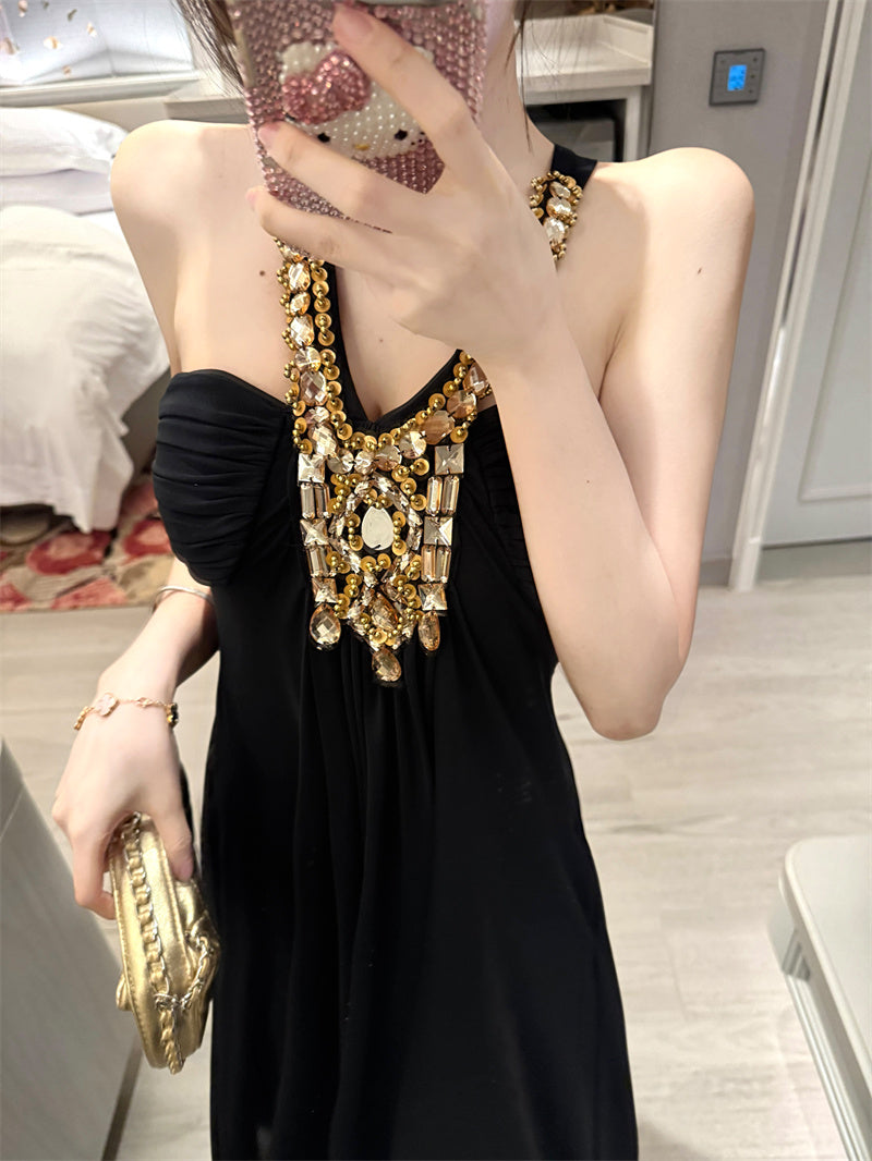 Glamorous Black Tulle Overlay A-Line Maxi Dress Exquisite Glittering Rhinestone Accent Halter Long Dress AP2046