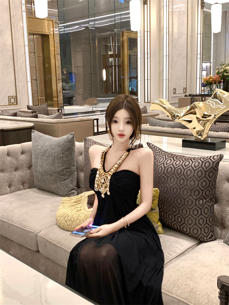 Glamorous Black Tulle Overlay A-Line Maxi Dress Exquisite Glittering Rhinestone Accent Halter Long Dress AP2046