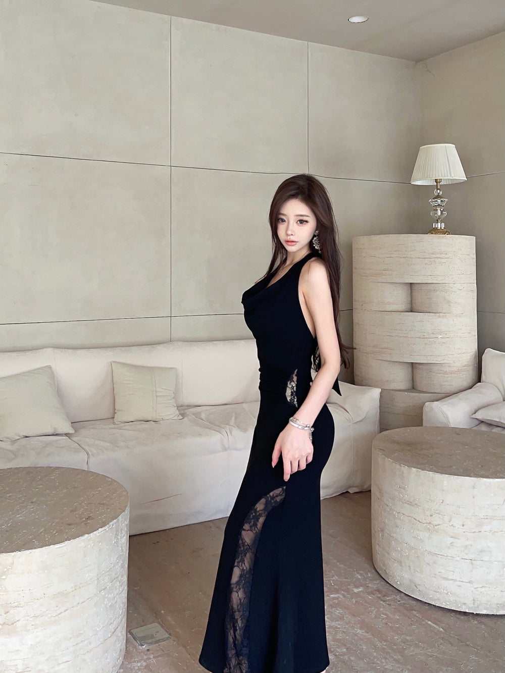 Sexy Lady Black Backless Cowl Neck Mermaid Maxi Dress Vogue Lace Splicing Halter Long Dress AP2047