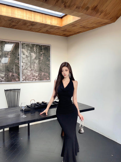 Sexy Lady Black Backless Cowl Neck Mermaid Maxi Dress Vogue Lace Splicing Halter Long Dress AP2047