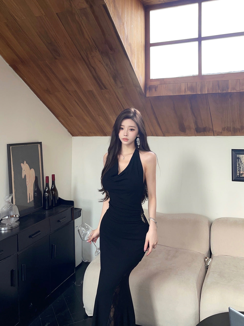 Sexy Lady Black Backless Cowl Neck Mermaid Maxi Dress Vogue Lace Splicing Halter Long Dress AP2047