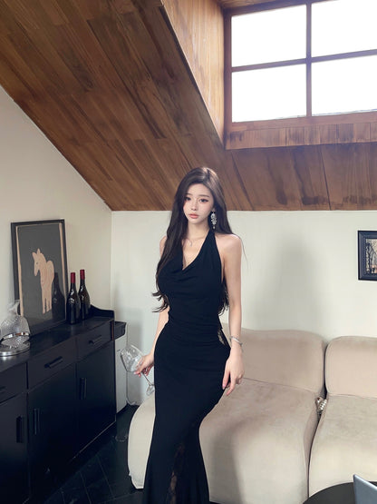 Sexy Lady Black Backless Cowl Neck Mermaid Maxi Dress Vogue Lace Splicing Halter Long Dress AP2047
