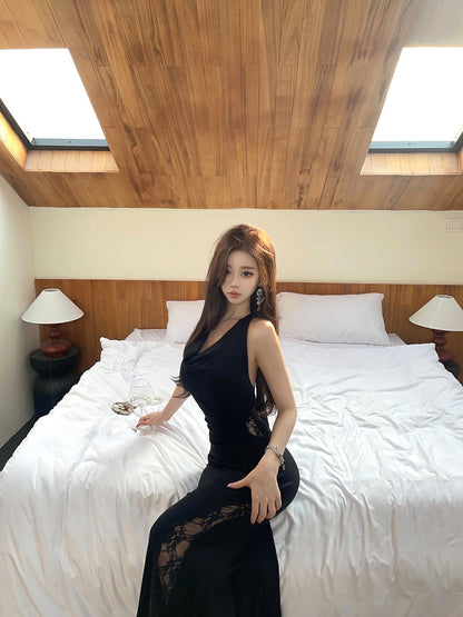 Sexy Lady Black Backless Cowl Neck Mermaid Maxi Dress Vogue Lace Splicing Halter Long Dress AP2047