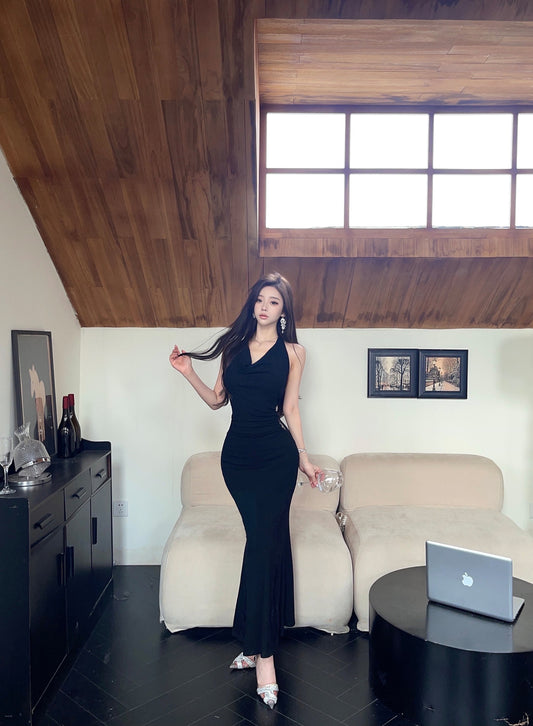 Sexy Lady Black Backless Cowl Neck Mermaid Maxi Dress Vogue Lace Splicing Halter Long Dress AP2047