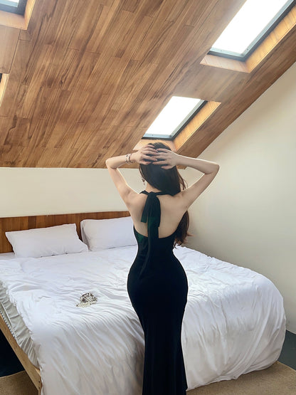 Sexy Lady Black Backless Cowl Neck Mermaid Maxi Dress Vogue Lace Splicing Halter Long Dress AP2047