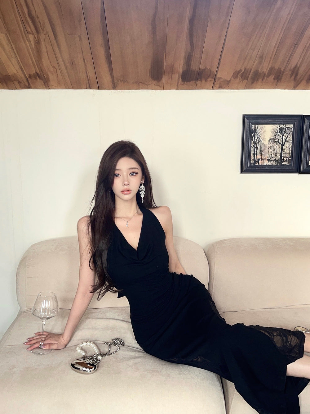 Sexy Lady Black Backless Cowl Neck Mermaid Maxi Dress Vogue Lace Splicing Halter Long Dress AP2047