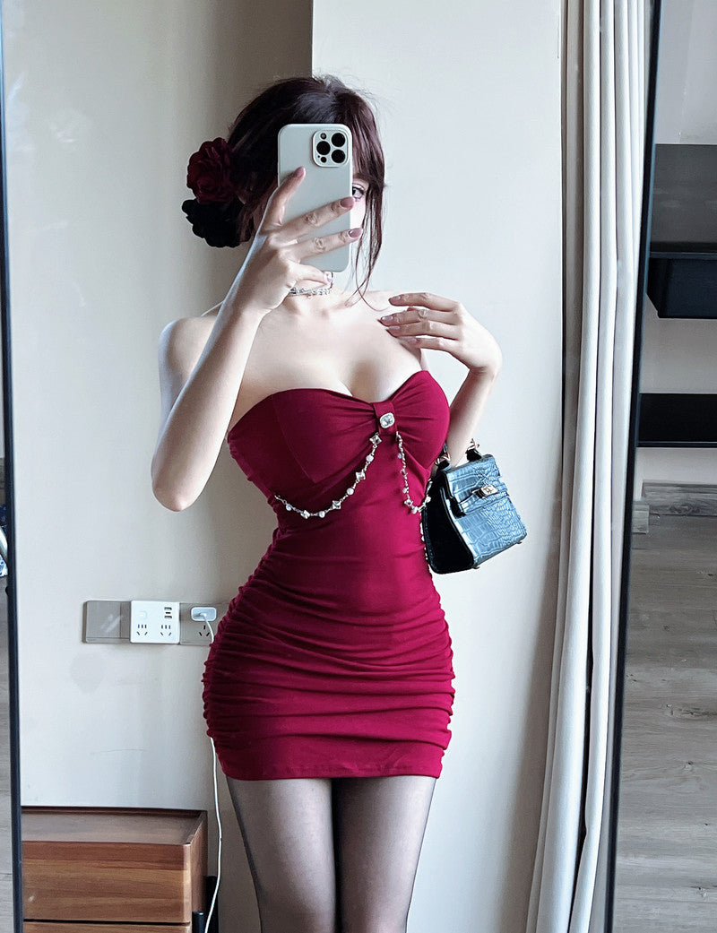 Graceful Bodycon Red Strapless Mini Skirt Sexy Rhinestone Button Chain Accent Short Dress AP2048