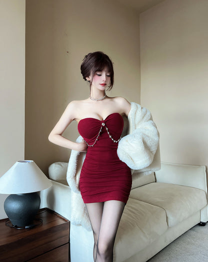 Graceful Bodycon Red Strapless Mini Skirt Sexy Rhinestone Button Chain Accent Short Dress AP2048