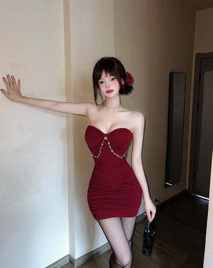Graceful Bodycon Red Strapless Mini Skirt Sexy Rhinestone Button Chain Accent Short Dress AP2048