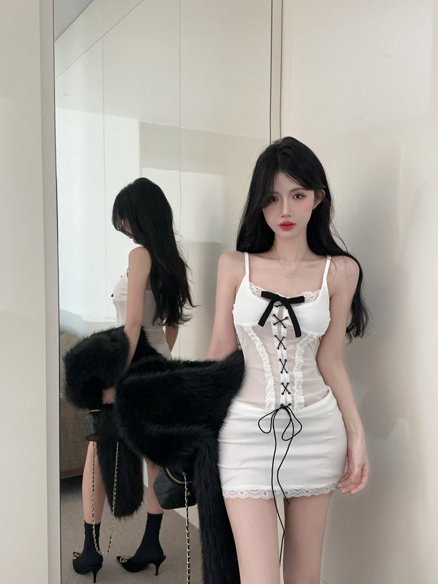 Charming Crisscross Lace-Up Lace Trim Black Bow Mini Dress Alluring White Spaghetti Strap Bodycon Short Dress AP2049