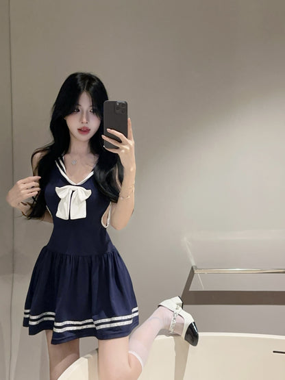 Girly Navy Blue Sailor Collar Cosplay Parties Mini Skirt Vogue Large White Bow Side Cutouts Striped Trim Short Dress AP2050