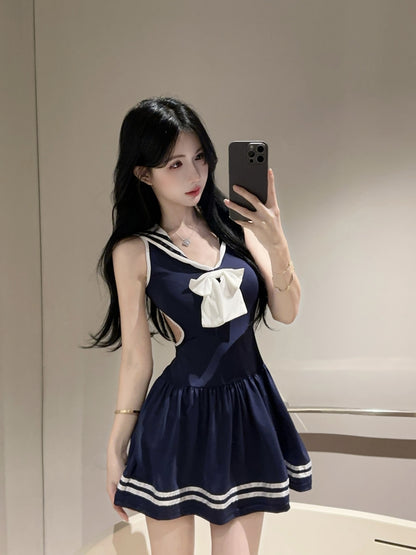 Girly Navy Blue Sailor Collar Cosplay Parties Mini Skirt Vogue Large White Bow Side Cutouts Striped Trim Short Dress AP2050