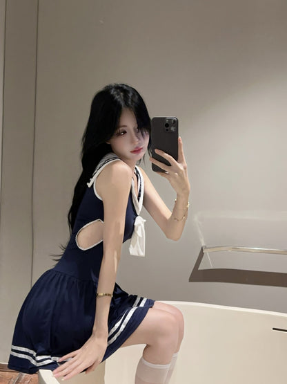 Girly Navy Blue Sailor Collar Cosplay Parties Mini Skirt Vogue Large White Bow Side Cutouts Striped Trim Short Dress AP2050
