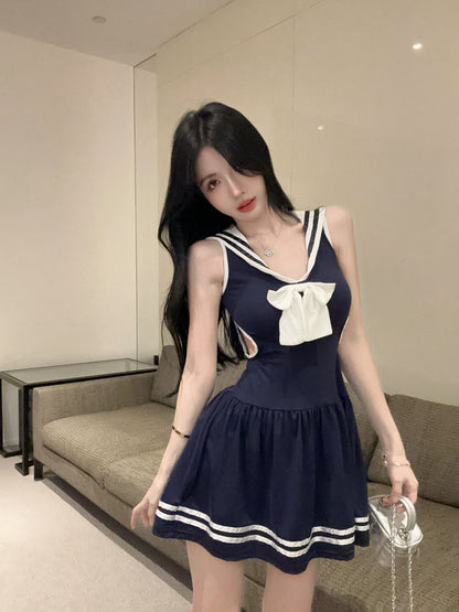 Girly Navy Blue Sailor Collar Cosplay Parties Mini Skirt Vogue Large White Bow Side Cutouts Striped Trim Short Dress AP2050