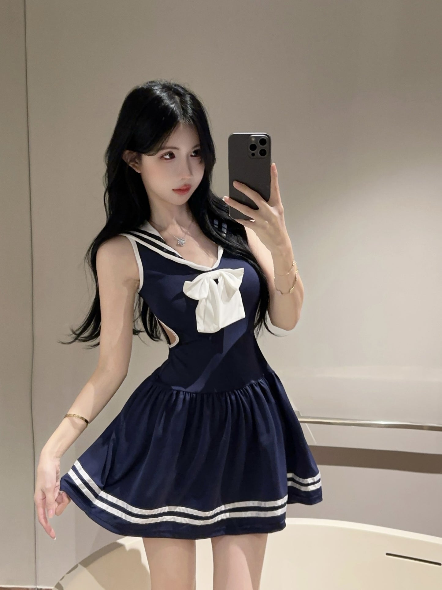 Girly Navy Blue Sailor Collar Cosplay Parties Mini Skirt Vogue Large White Bow Side Cutouts Striped Trim Short Dress AP2050