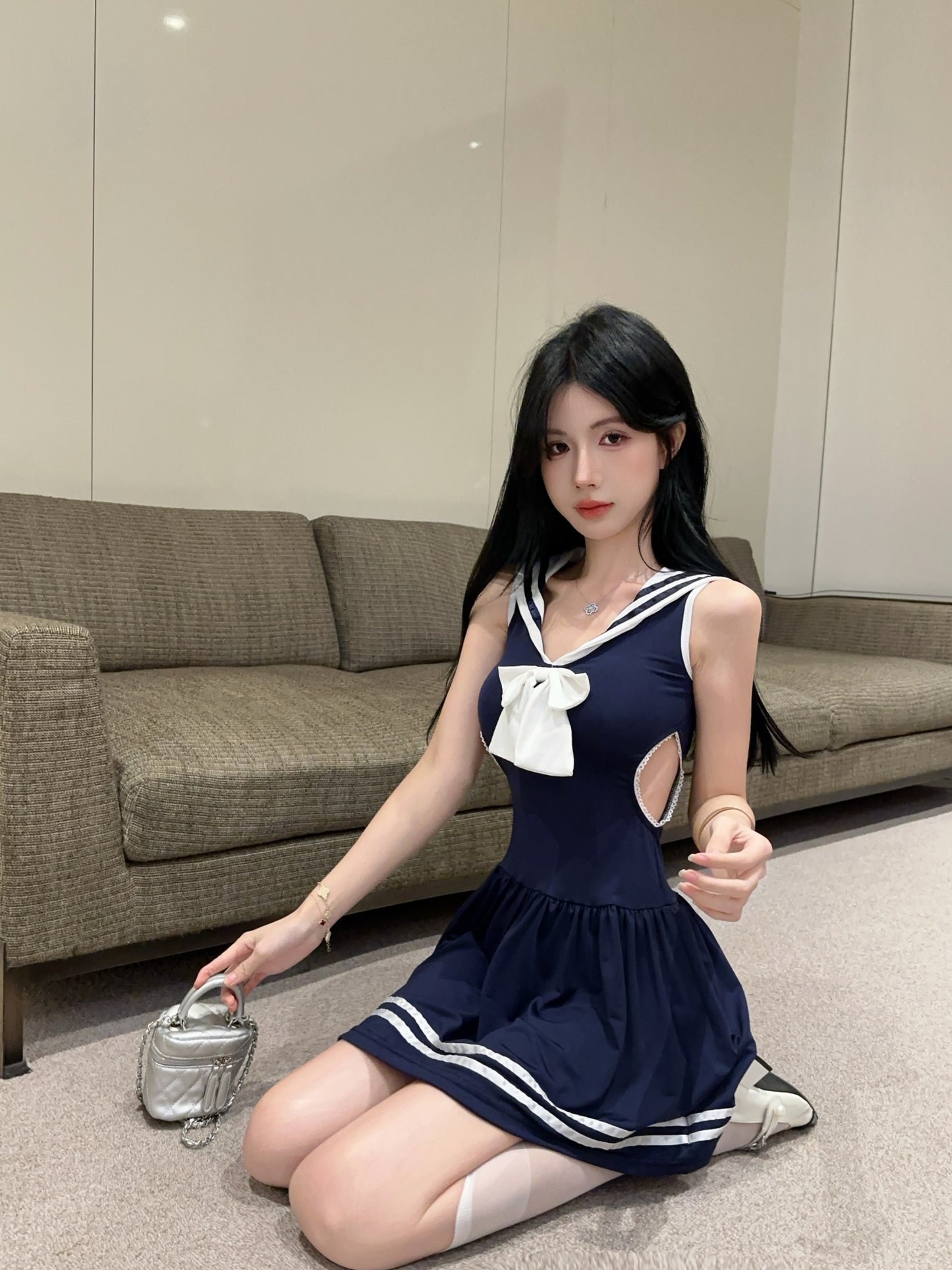 Girly Navy Blue Sailor Collar Cosplay Parties Mini Skirt Vogue Large White Bow Side Cutouts Striped Trim Short Dress AP2050