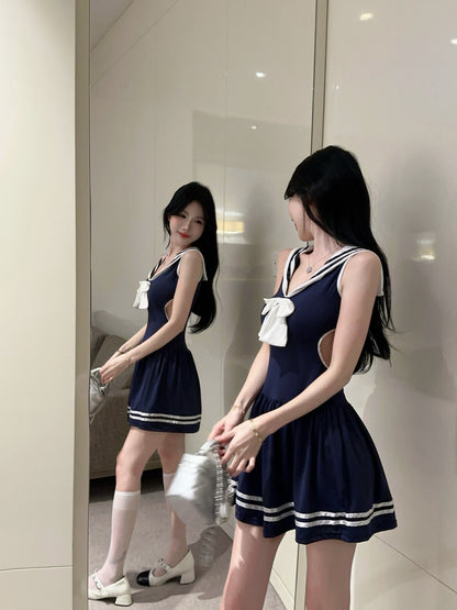 Girly Navy Blue Sailor Collar Cosplay Parties Mini Skirt Vogue Large White Bow Side Cutouts Striped Trim Short Dress AP2050