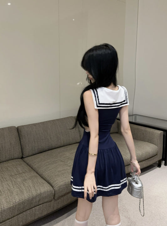 Girly Navy Blue Sailor Collar Cosplay Parties Mini Skirt Vogue Large White Bow Side Cutouts Striped Trim Short Dress AP2050