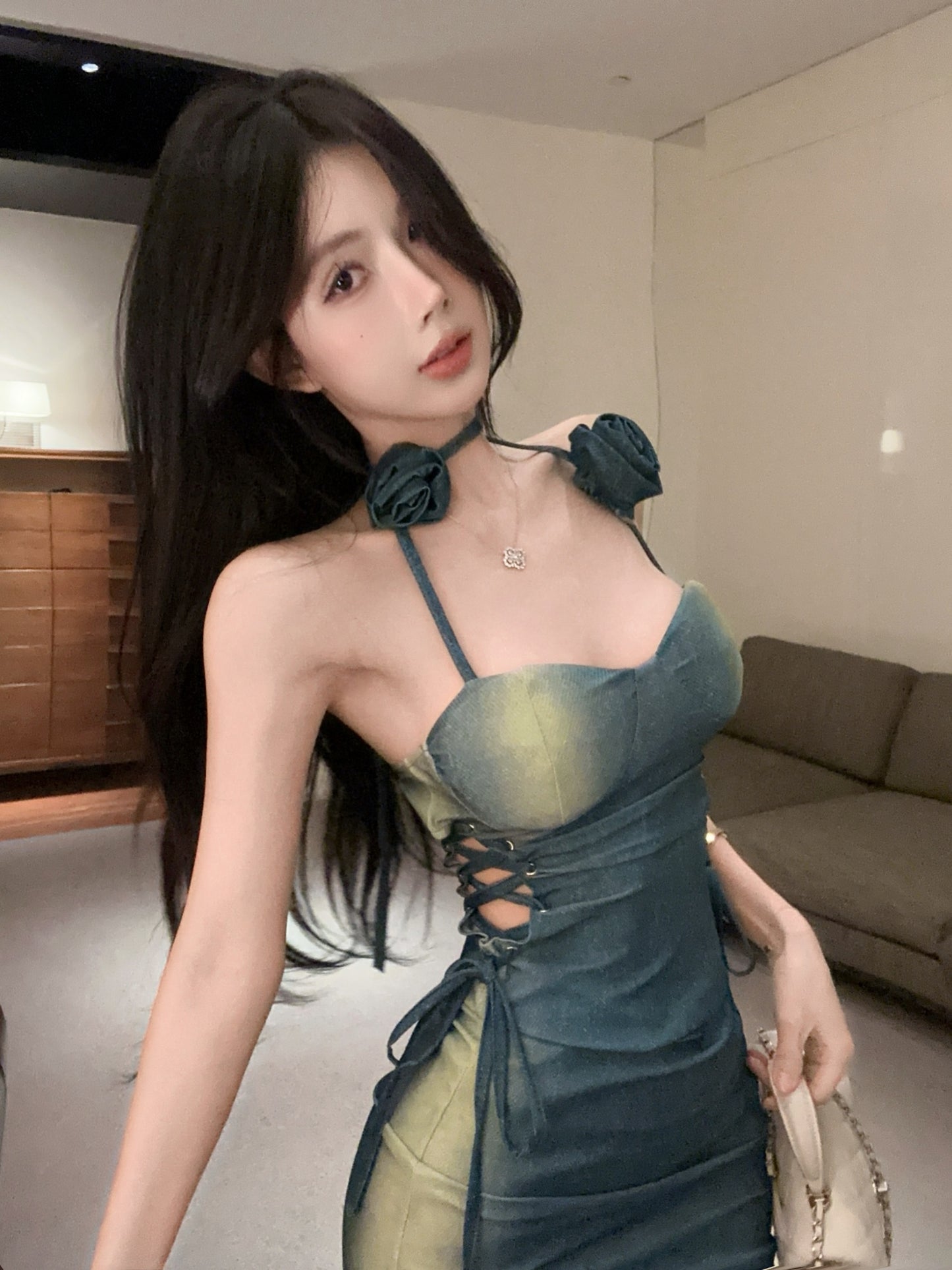 Y2K Style Gradient Blue-Green Date Nights Mini Skirt Hot Girls Side Lace-Up Floral Detail Backless Halter Short Dress AP2051