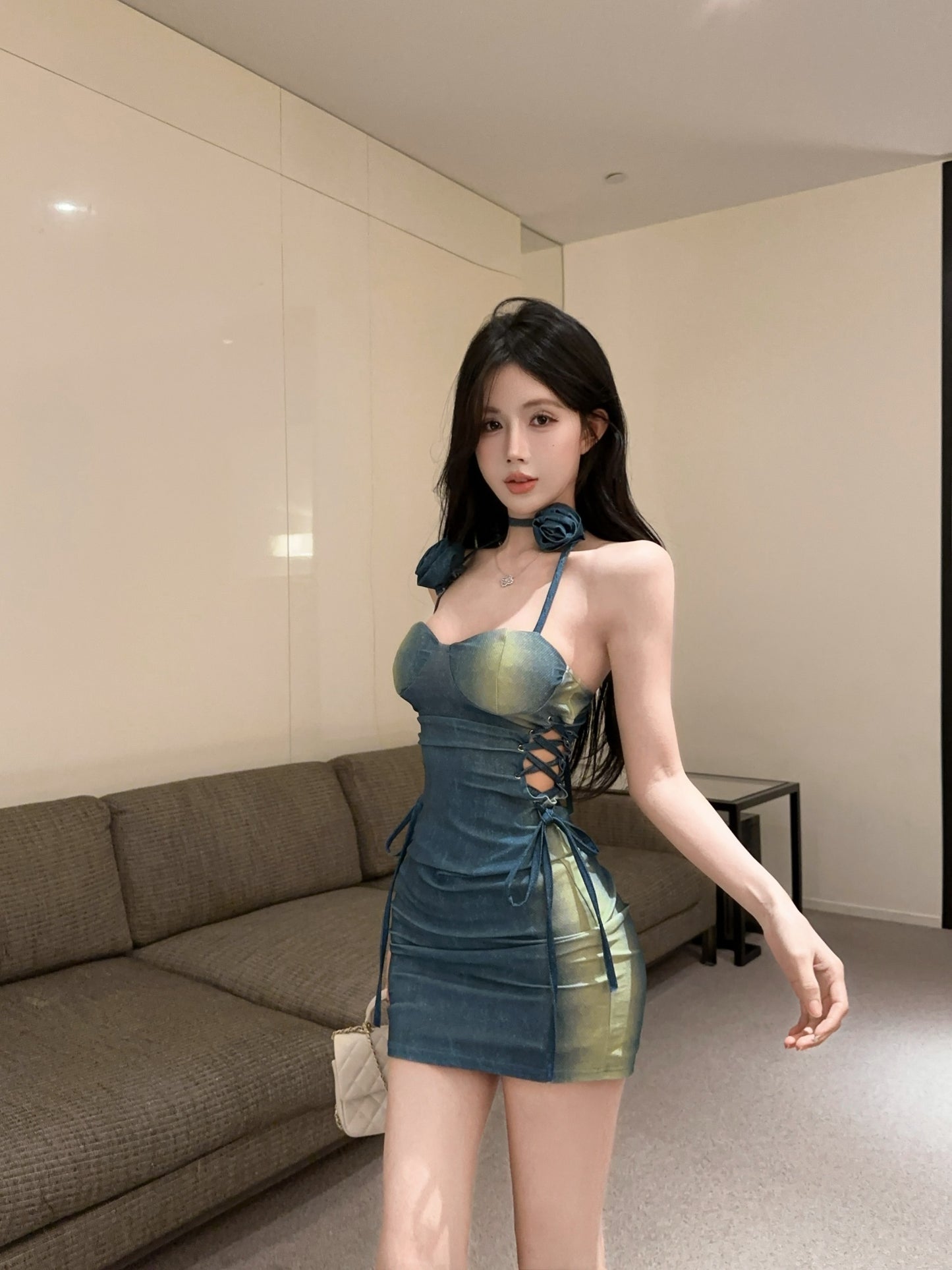 Y2K Style Gradient Blue-Green Date Nights Mini Skirt Hot Girls Side Lace-Up Floral Detail Backless Halter Short Dress AP2051