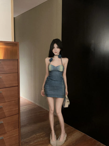 Y2K Style Gradient Blue-Green Date Nights Mini Skirt Hot Girls Side Lace-Up Floral Detail Backless Halter Short Dress AP2051