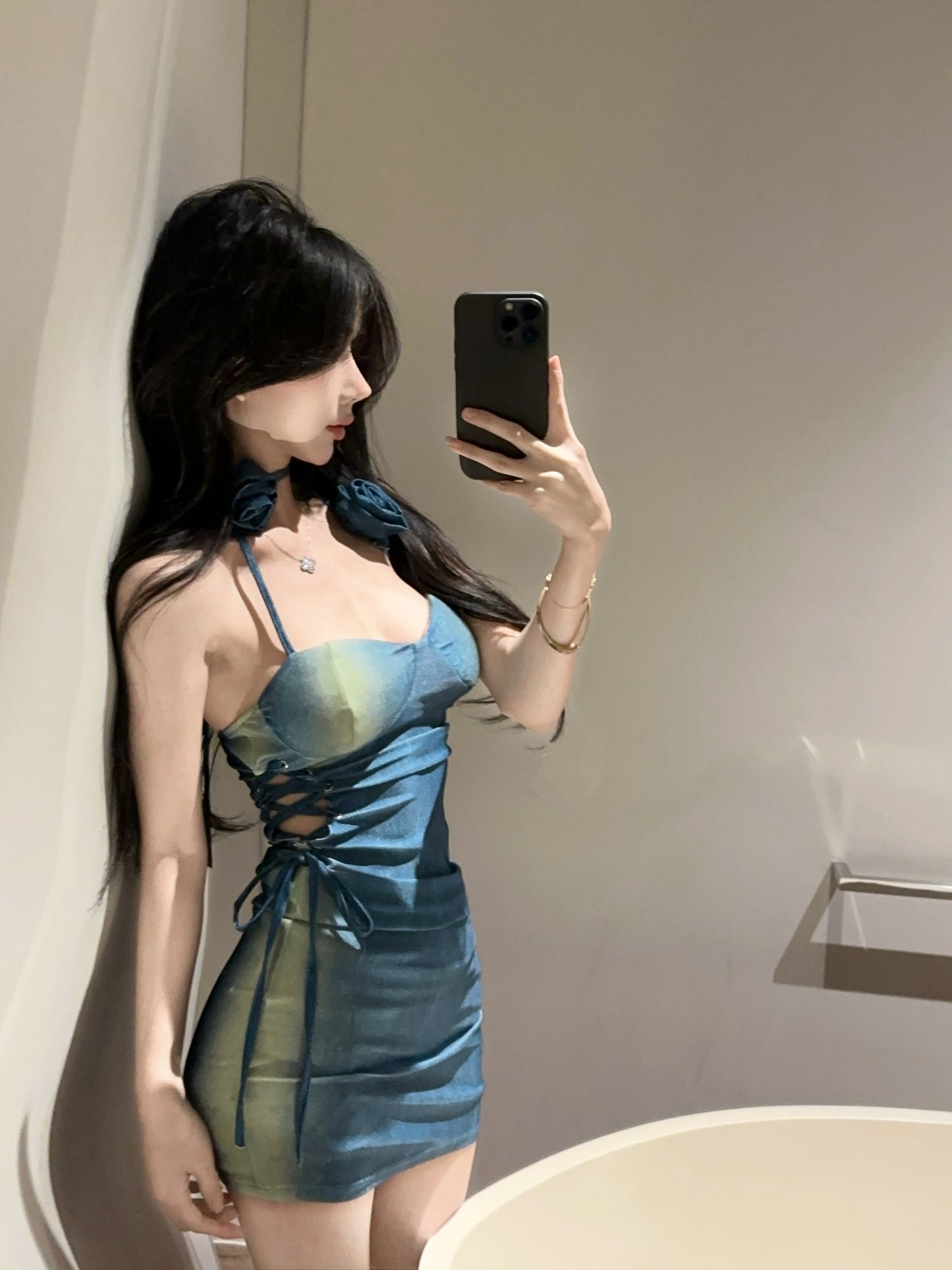 Y2K Style Gradient Blue-Green Date Nights Mini Skirt Hot Girls Side Lace-Up Floral Detail Backless Halter Short Dress AP2051