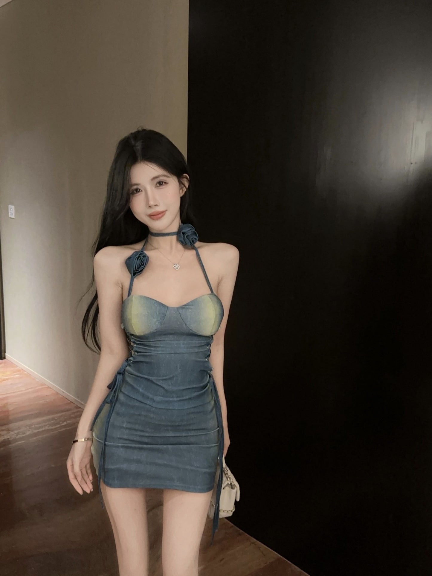 Y2K Style Gradient Blue-Green Date Nights Mini Skirt Hot Girls Side Lace-Up Floral Detail Backless Halter Short Dress AP2051