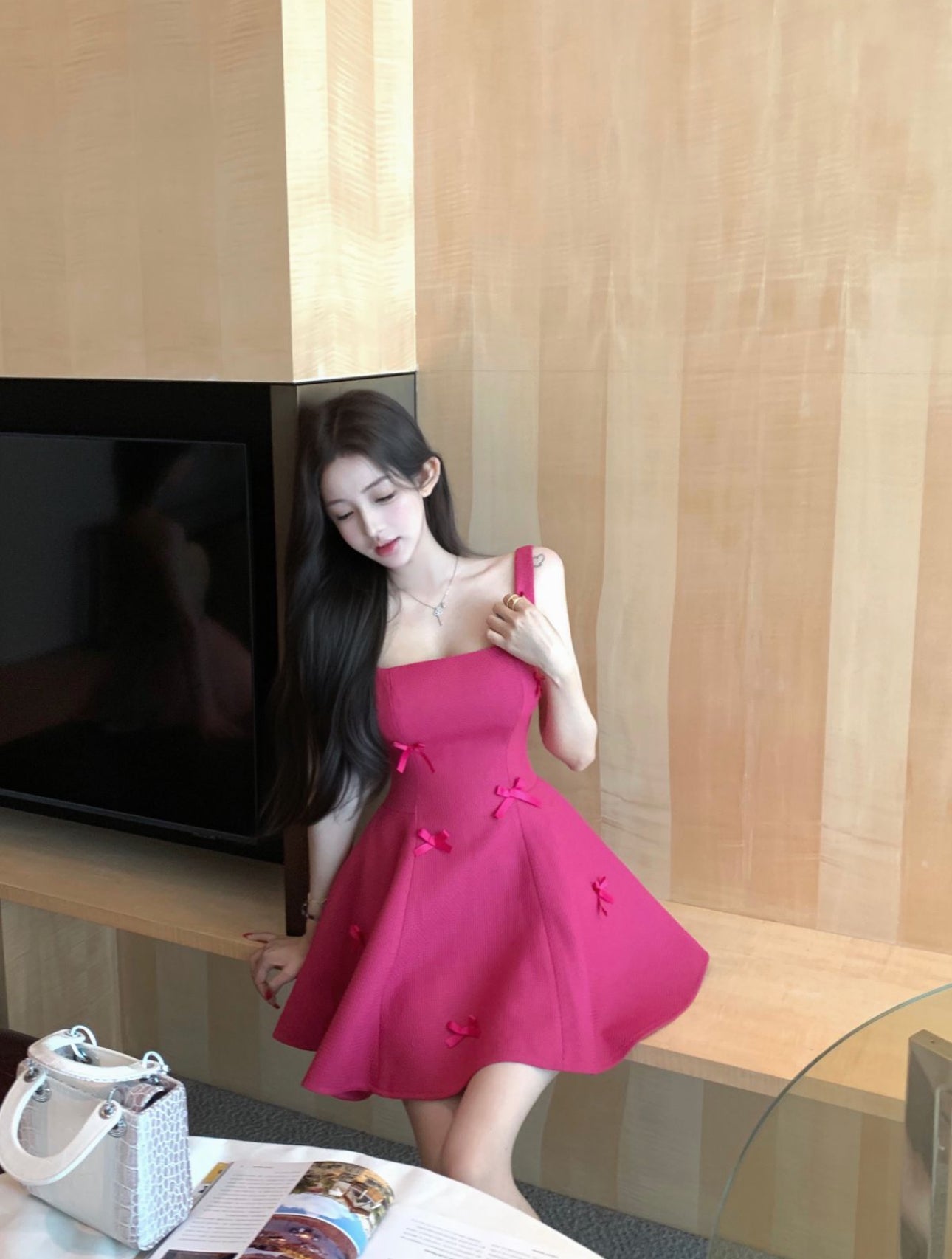 Vibrant Hot Pink Square Neck Flared Mini Dress Hot Girls Bow Accents for Date Nights Short Dress AP2052