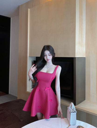 Vibrant Hot Pink Square Neck Flared Mini Dress Hot Girls Bow Accents for Date Nights Short Dress AP2052