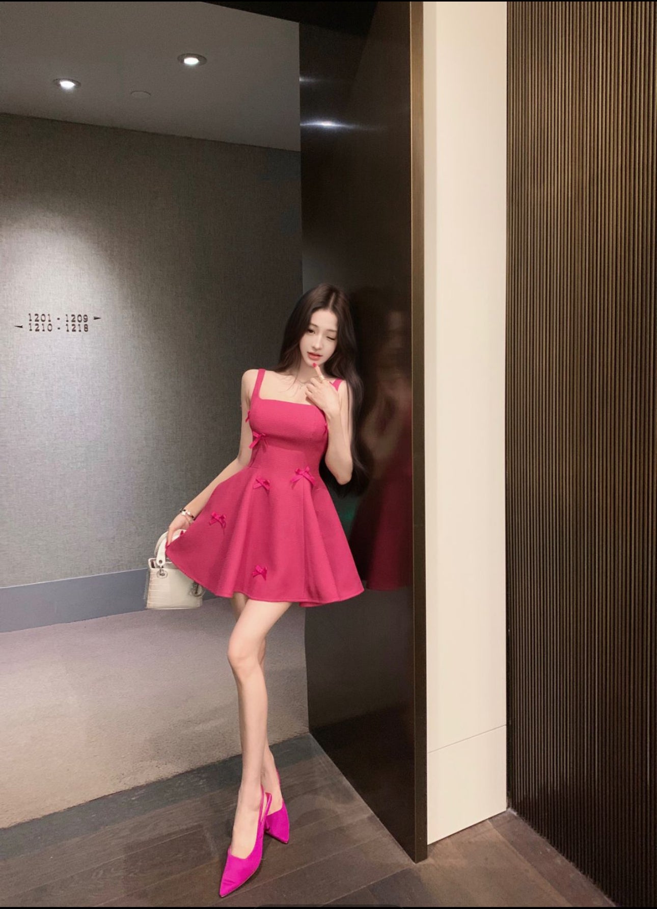 Vibrant Hot Pink Square Neck Flared Mini Dress Hot Girls Bow Accents for Date Nights Short Dress AP2052