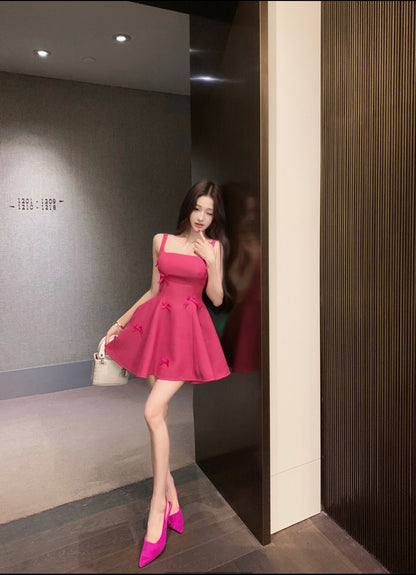 Vibrant Hot Pink Square Neck Flared Mini Dress Hot Girls Bow Accents for Date Nights Short Dress AP2052