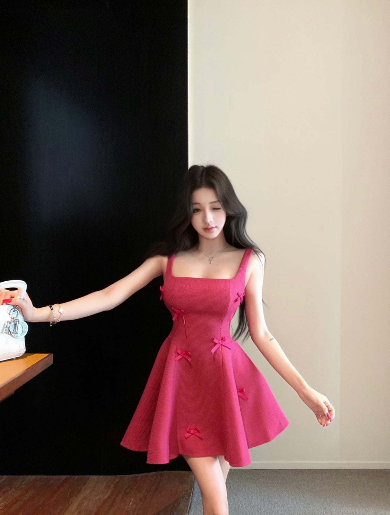 Vibrant Hot Pink Square Neck Flared Mini Dress Hot Girls Bow Accents for Date Nights Short Dress AP2052