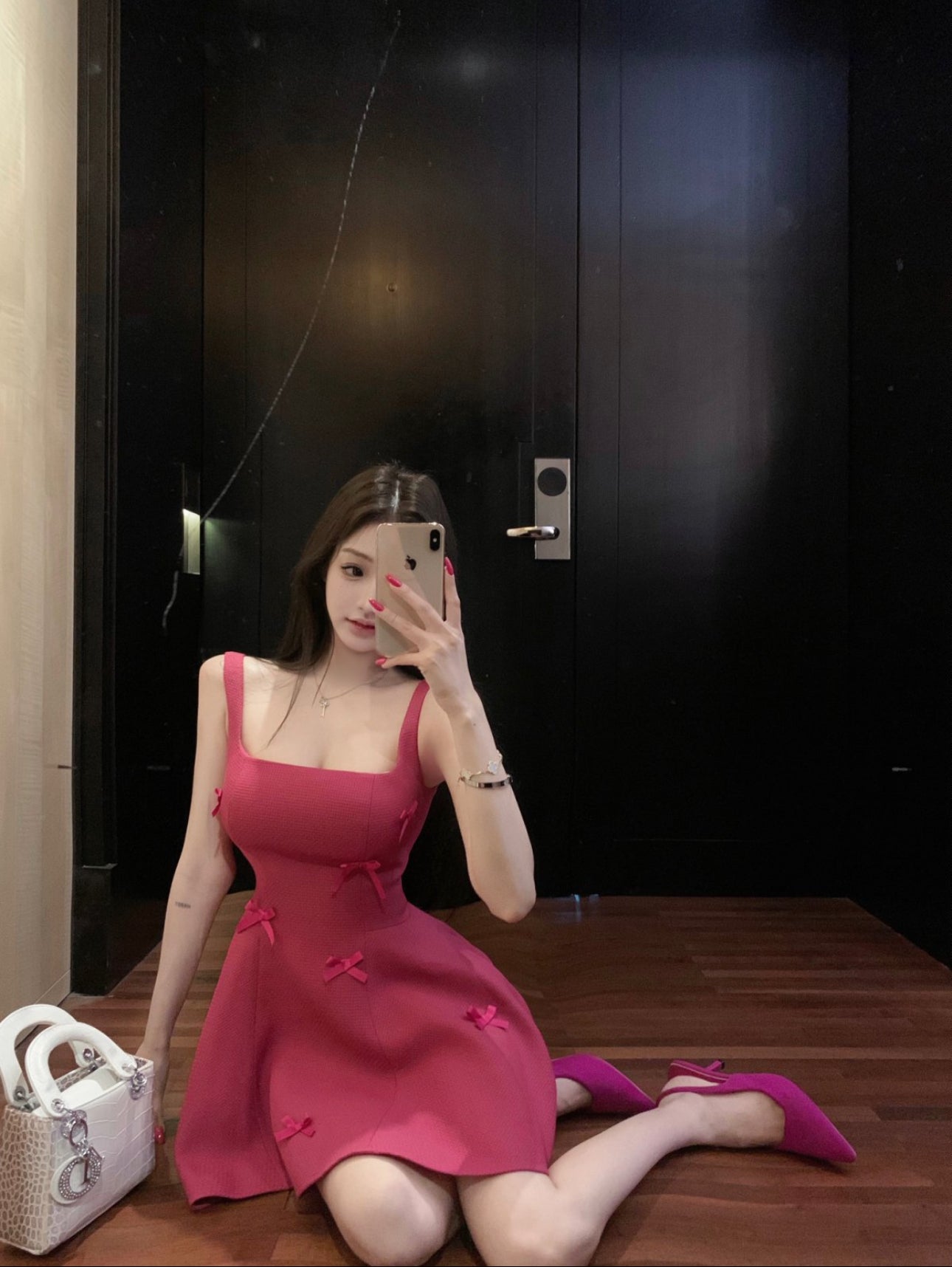 Vibrant Hot Pink Square Neck Flared Mini Dress Hot Girls Bow Accents for Date Nights Short Dress AP2052