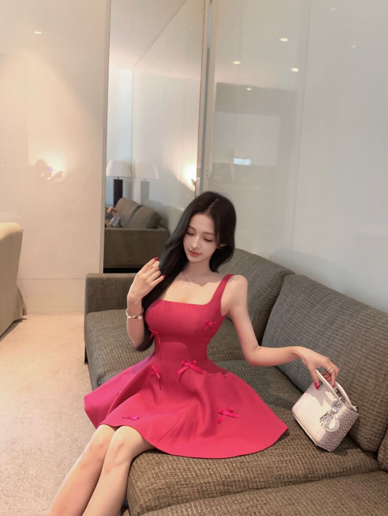 Vibrant Hot Pink Square Neck Flared Mini Dress Hot Girls Bow Accents for Date Nights Short Dress AP2052