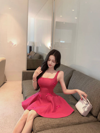 Vibrant Hot Pink Square Neck Flared Mini Dress Hot Girls Bow Accents for Date Nights Short Dress AP2052